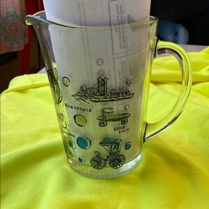 Vintage Mid Century Bon Voyage Train Travel Themed Clear Glass Pitcher